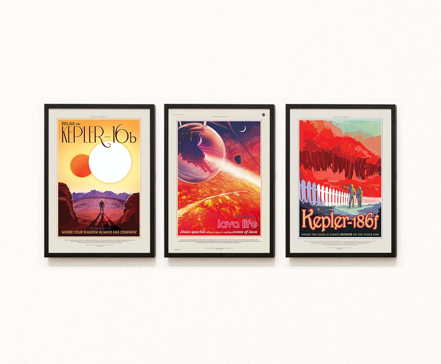 Space Travel - NASA Retro Tourism Advert - Set of 3 Prints - 55 Cancri e, Kepler-16b, Kepler-186f